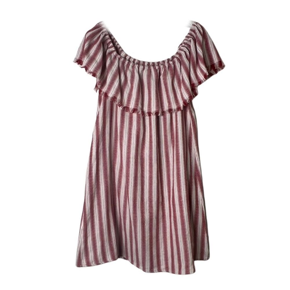 Kori America Off the Shoulder Fringe Striped Dress Red Cream Womens Large